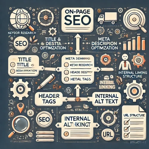 DALL·E 2024-10-12 09.34.20 - A visually appealing infographic showing the key elements of on-page SEO, including a checklist of steps such as keyword research, title and meta desc