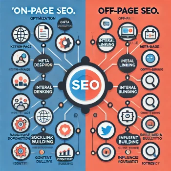 DALL·E 2024-10-15 15.32.29 - A split diagram illustrating 'on-page vs. off-page SEO.' The left side represents on-page SEO with elements like keyword optimization, meta descriptio